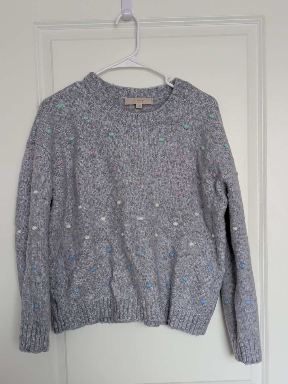 LOFT Light Gray Crewneck Sweater with Multicolor Pom-poms
